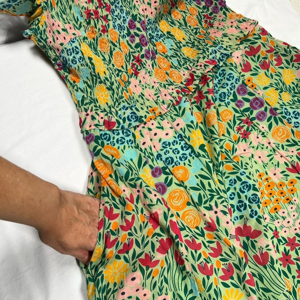 Olivia James the Label Lila Midi Dress Floral Print Meadow Mint Green Smocked L - Picture 12 of 16